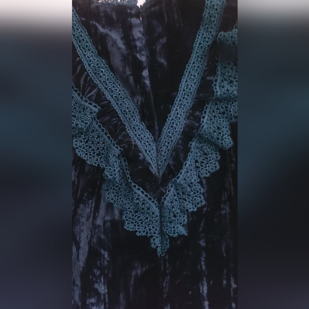 Crushed Velvet Lace Blouse Green Teal XS High Neck - Picture 11 of 13